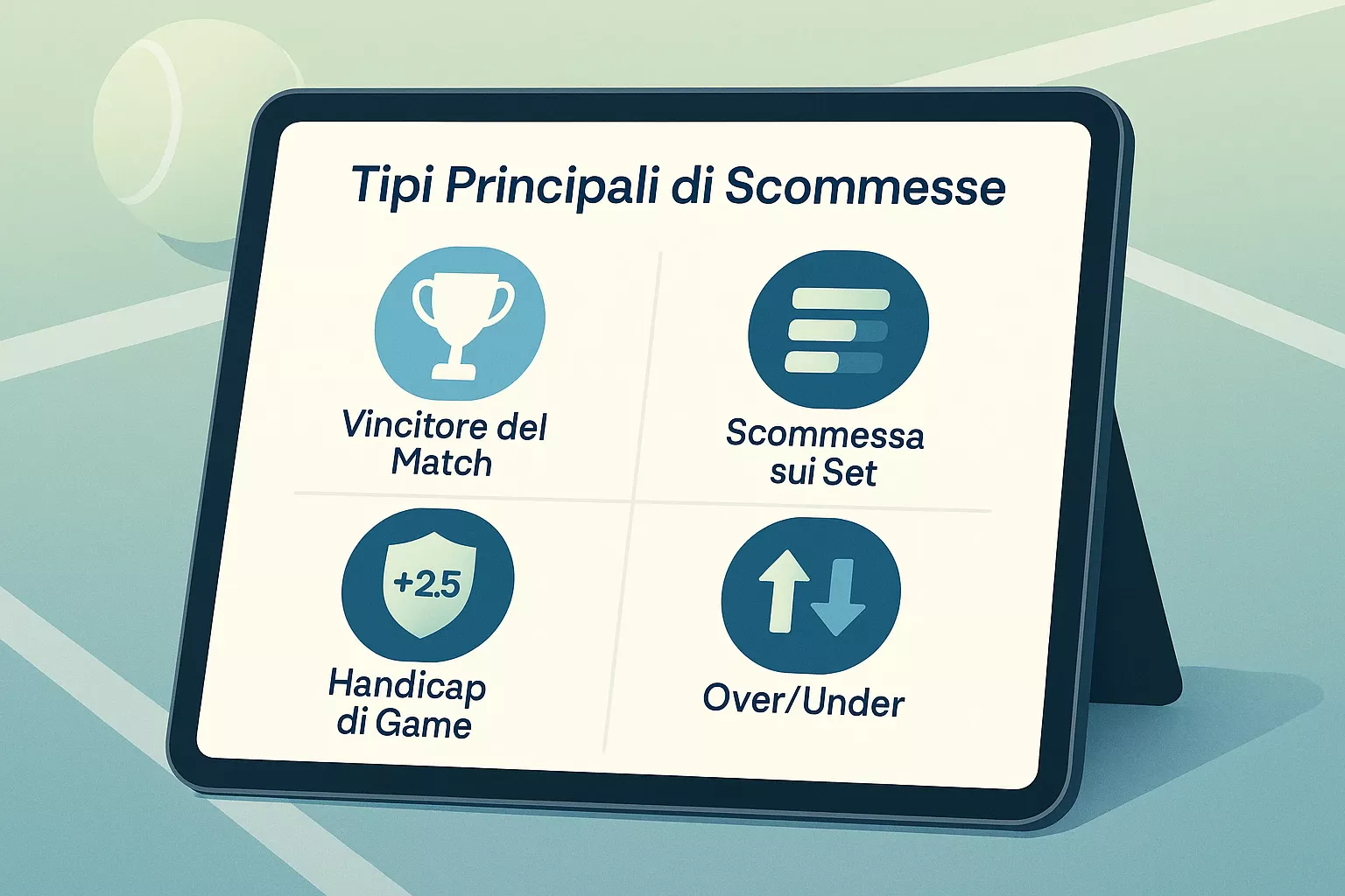 Infografica dei tipi di scommesse sul tennis con icone e descrizioni
