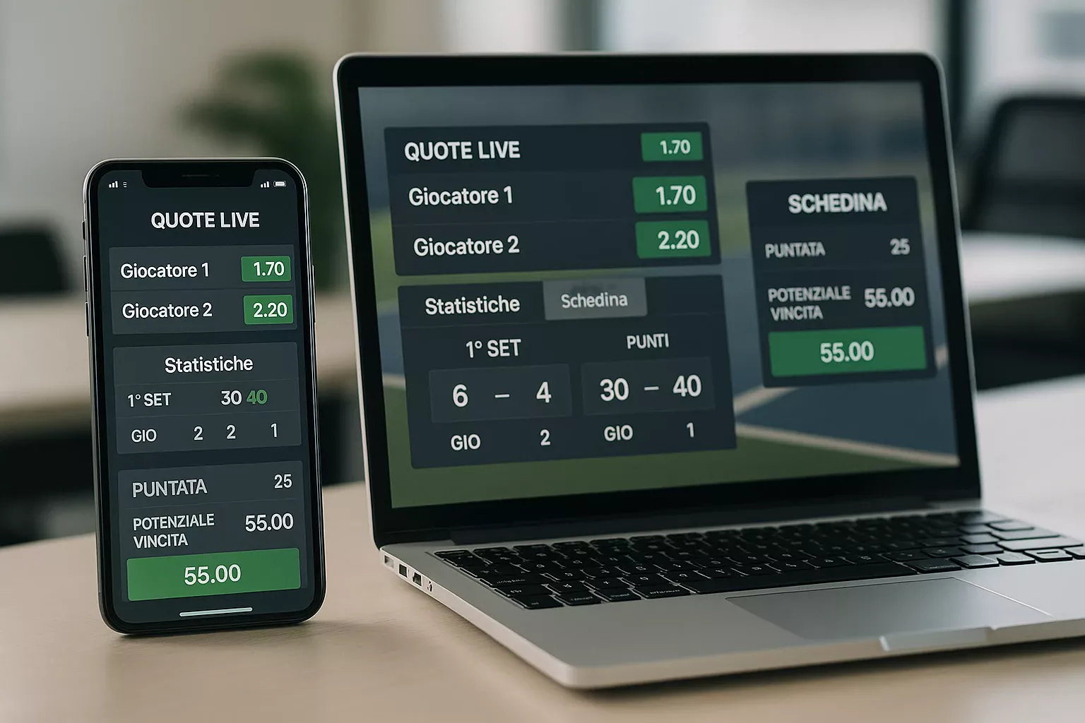 Interfaccia moderna di piattaforma betting con quote tennis e statistiche live