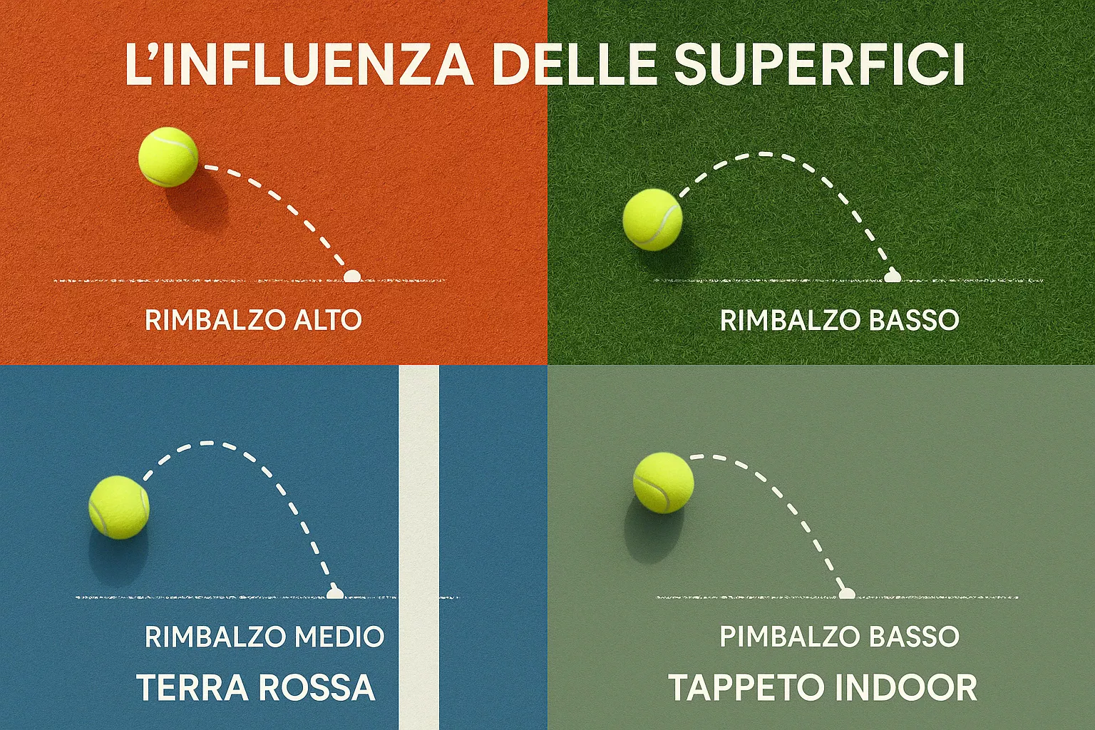Confronto visivo delle quattro superfici di tennis: terra rossa, erba, cemento e indoor